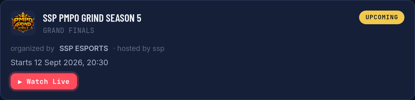 A Watch Live button on an SSPpedia tournament card